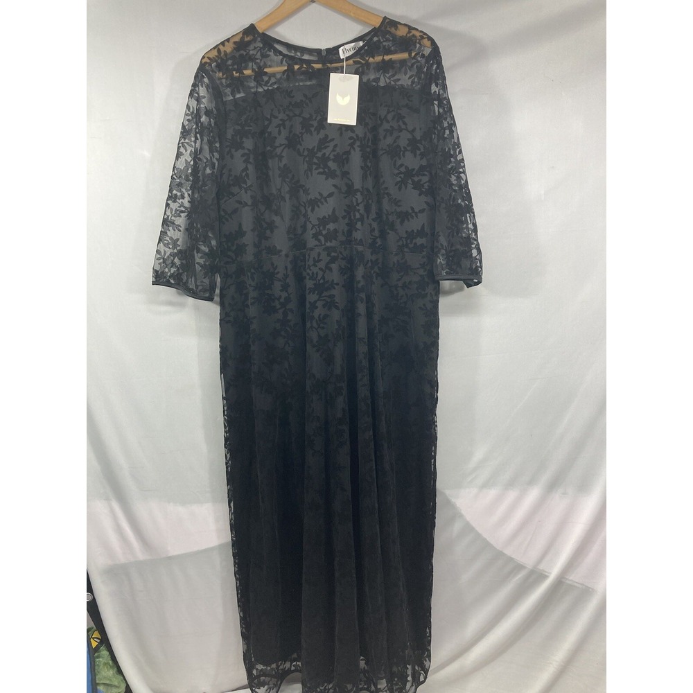 Flycurvy Black Lace & Velvet 3/4 Sleeve Maxi Dress Zipper Back Plus Size 3XL NWT